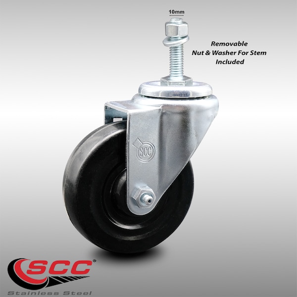 4 Inch SS Hard Rubber Wheel Swivel 10mm Threaded Stem Caster